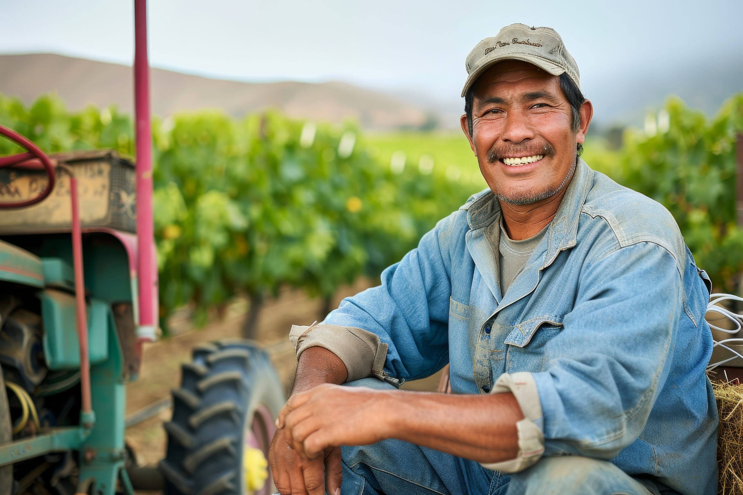 Vineyard worker sitting on his tractor smiling at camera